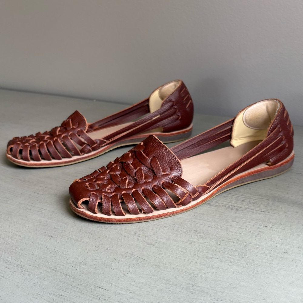 Nisolo Women's Leather Huarache Woven Brown Sandal Flats Size 8 Slip On Boho